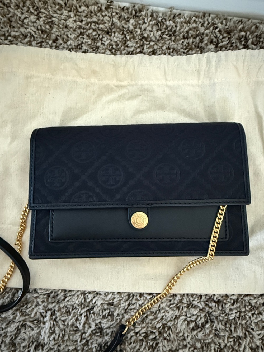 Black Tory Burch Crossbody Purse with Gold Chain